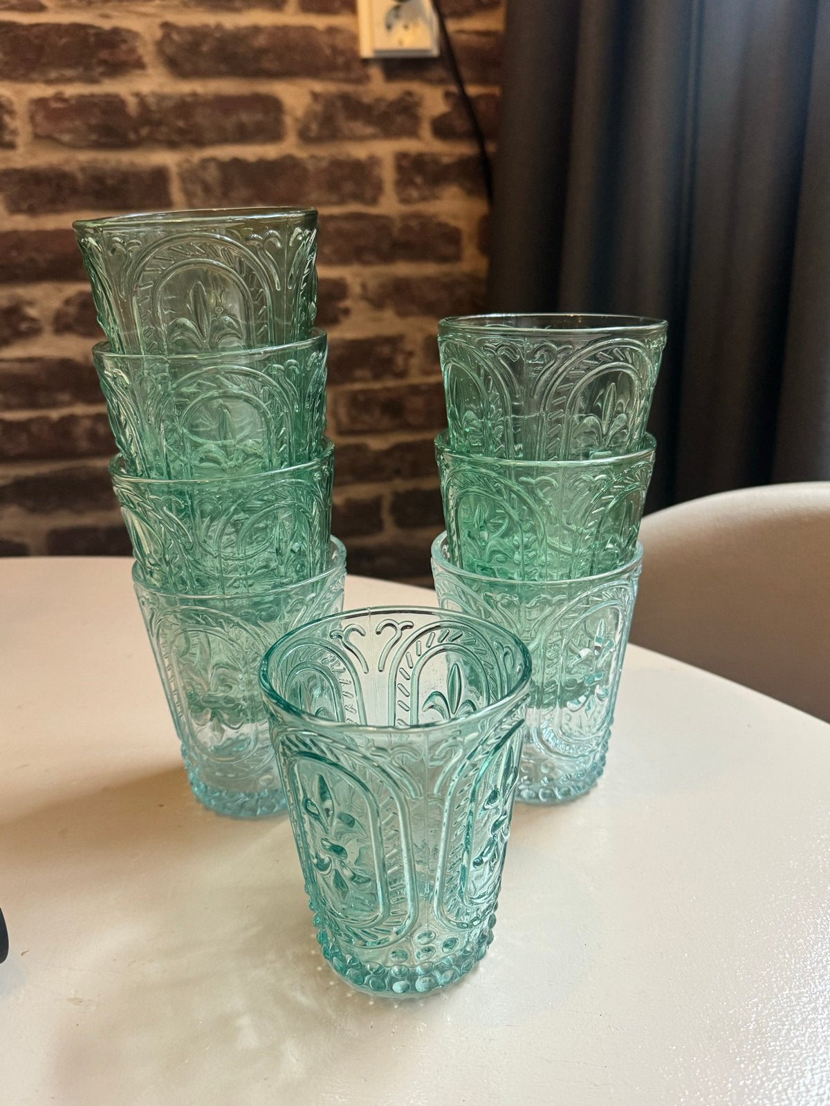Set van 8 vintage groene glazen met reliëf, Ophalen
