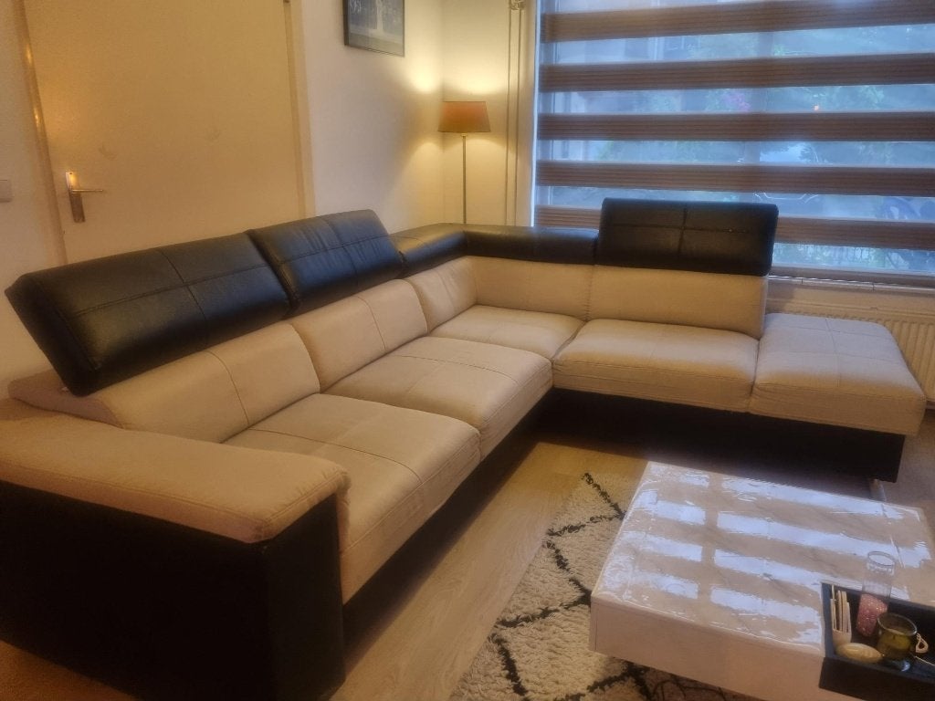 Hoekbank stof/leer in nette staat!, Huis en Inrichting, Gebruikt, Hoekbank, Ophalen of Verzenden, 150 cm of meer