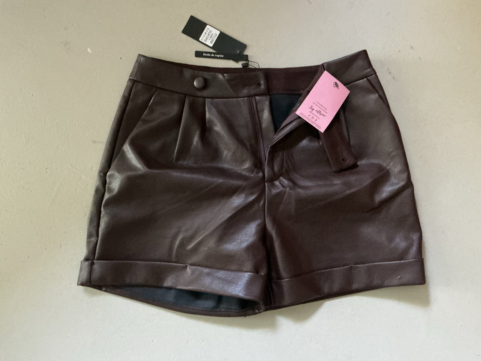 Bruine leren shorts met hoge taille. Drole de Copines. L, Nieuw, Ophalen of Verzenden, Maat 36 (S), Bruin