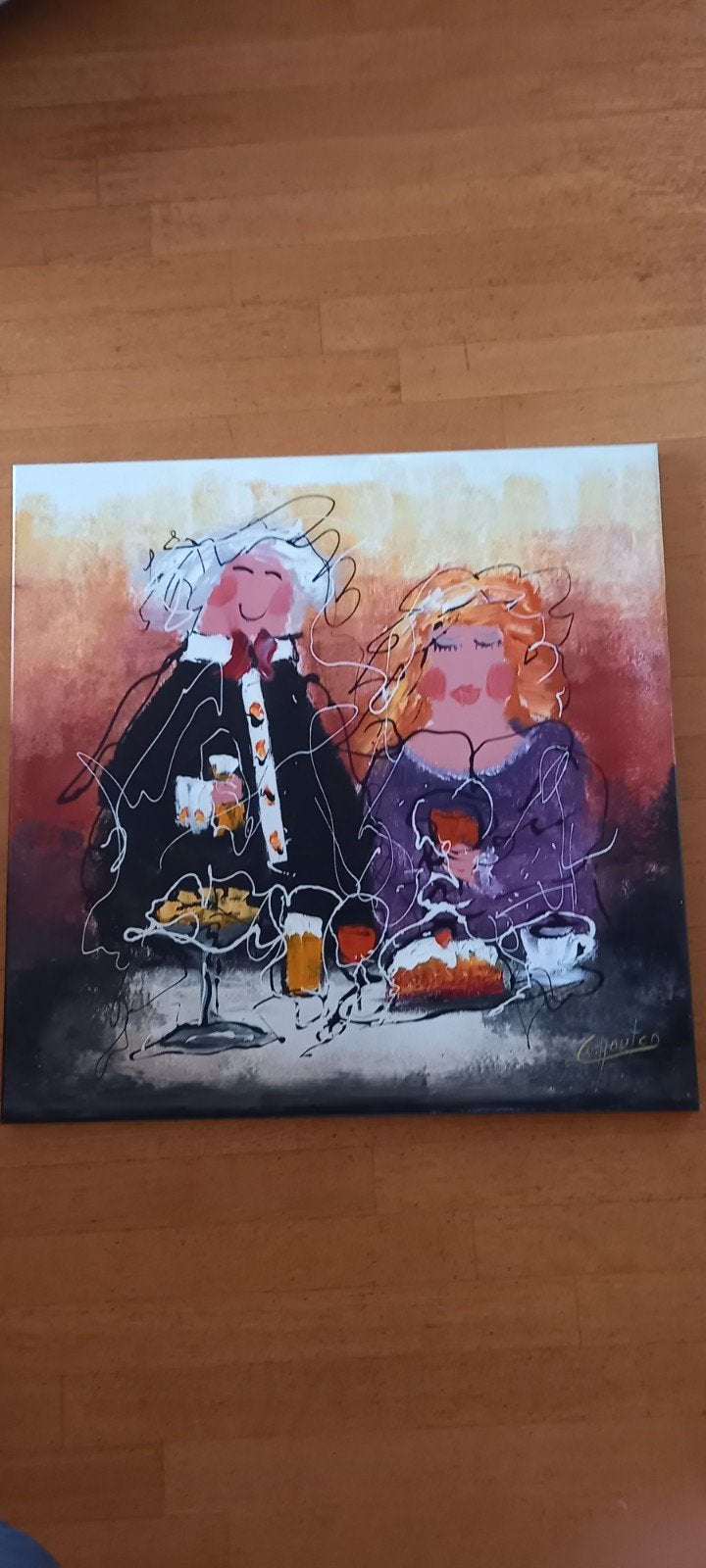 Modern schilderij: Gezellig samenzijn, Antiek en Kunst, Kunst | Schilderijen | Modern, Ophalen, Op houten frame, Textiel, Figuren