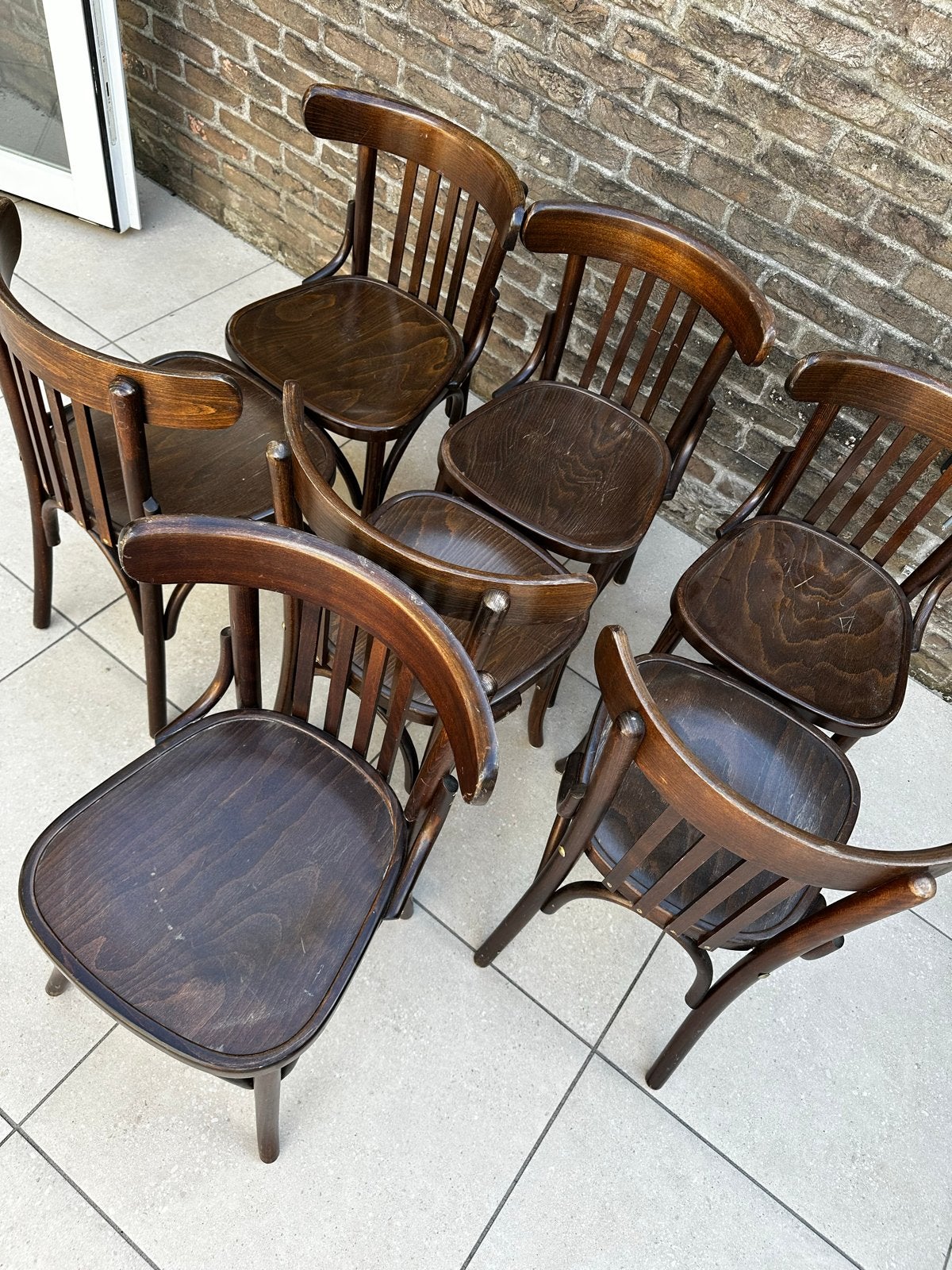 Set van 7 cafe (mancave) houten stoelen, Antiek en Kunst, Ophalen