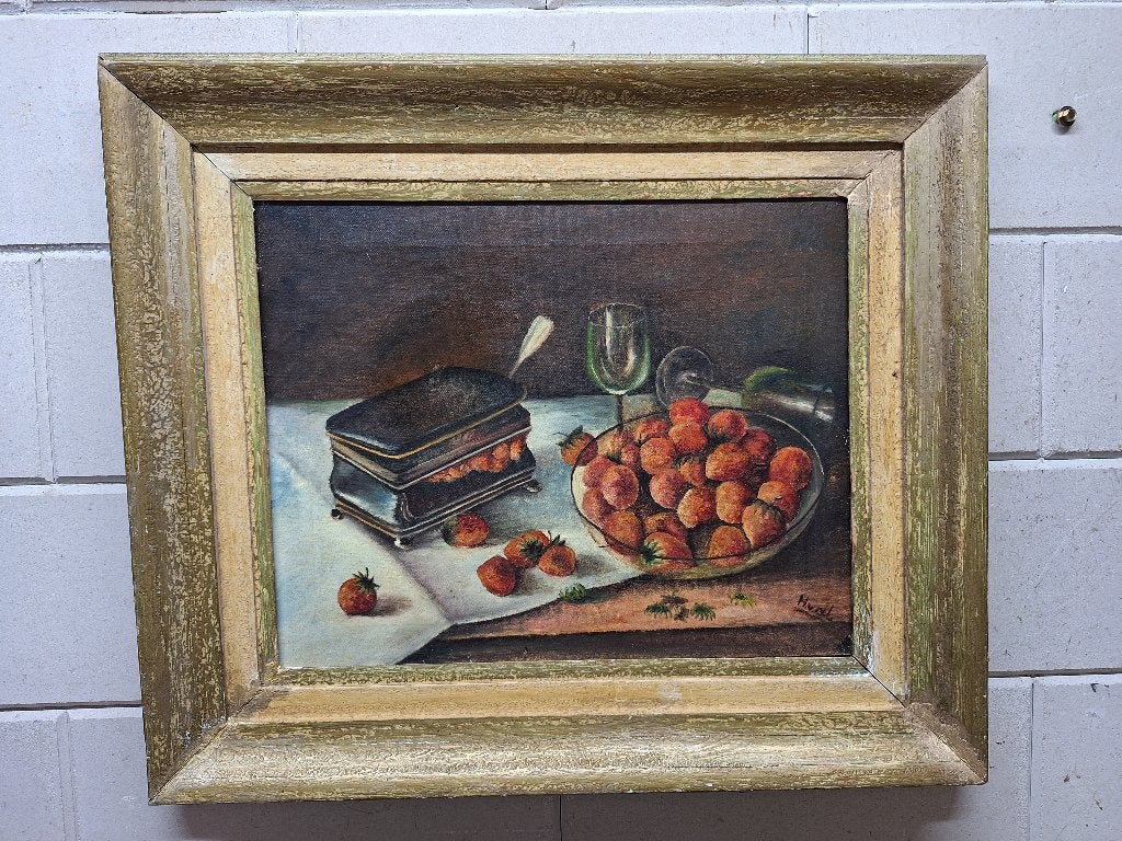 Stilleven met een Schaal met Aardbeien, Doek, Stilleven, Ophalen of Verzenden, Olieverf
