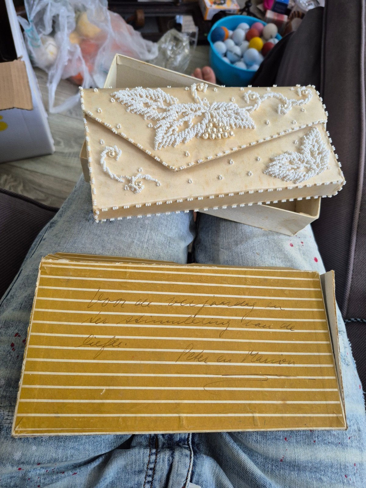 Vintage Kralen Clutch Tasje - Wit met Bloemenpatroon, Ophalen of Verzenden, Dames, Onbekend