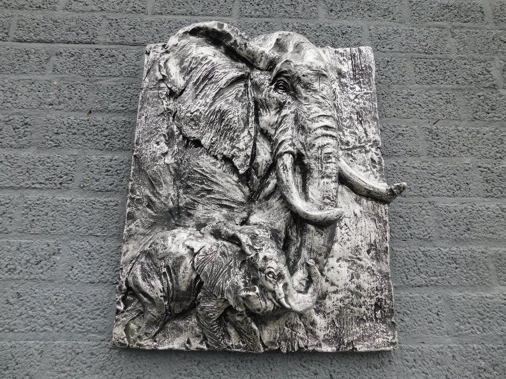 Wandbord met 2 olifanten in 3D - Zilver/Zwart - Polystone, Wandsculptuur, Oosters, Zilver, 68 cm