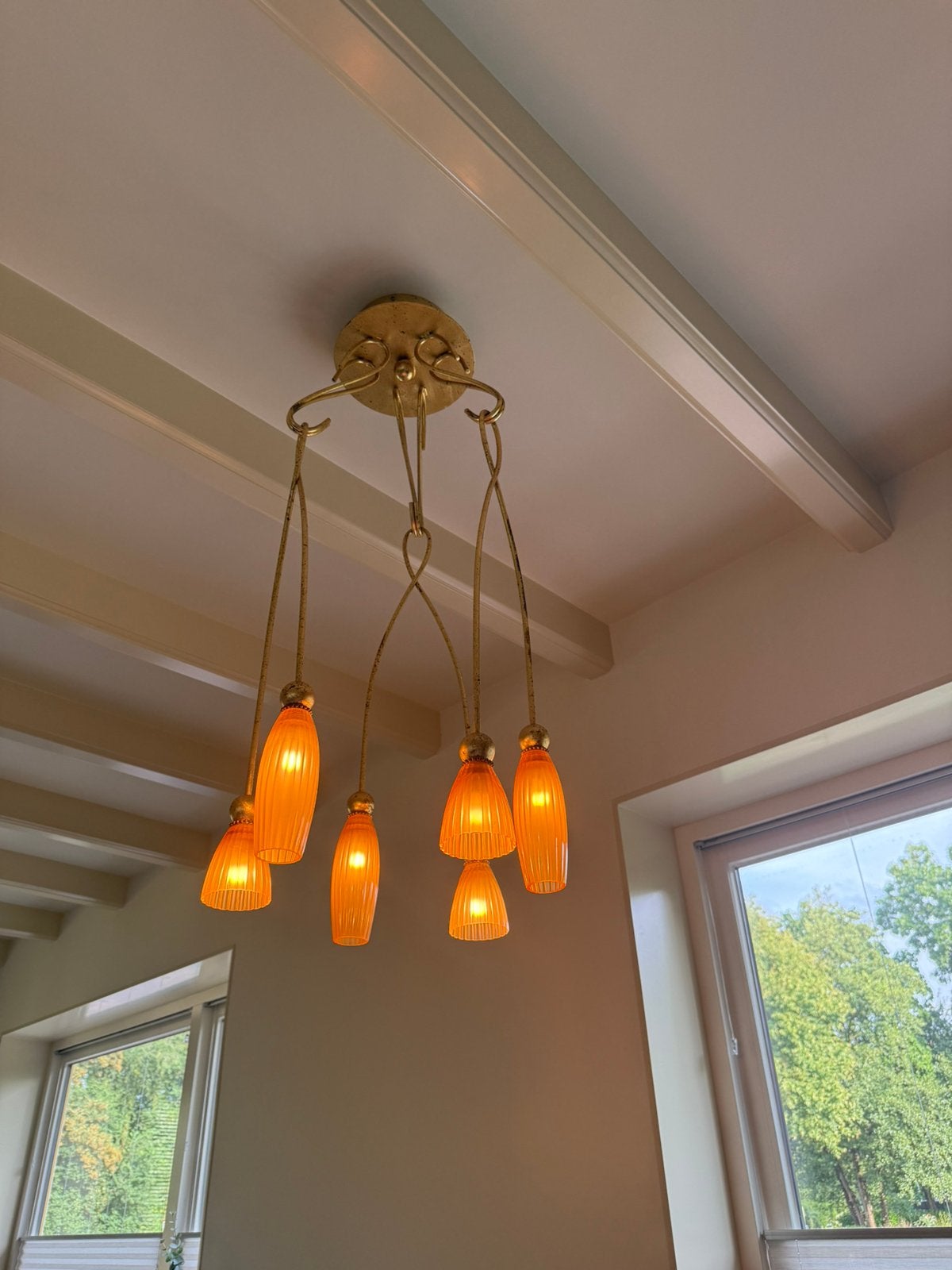 Design Terzani hanglamp, 6 kelken, Murano glas en bladgoud, Ophalen, Hanglamp, 46 cm, E14 (klein)