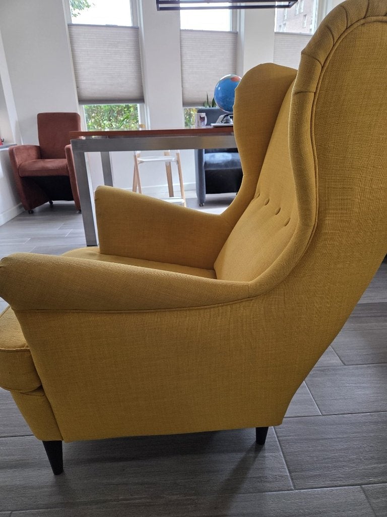 Gele Ikea Strandmon stoel - Comfortabele fauteuil, Ophalen, Gebruikt, Modern, Scandinavisch, 75 tot 100 cm