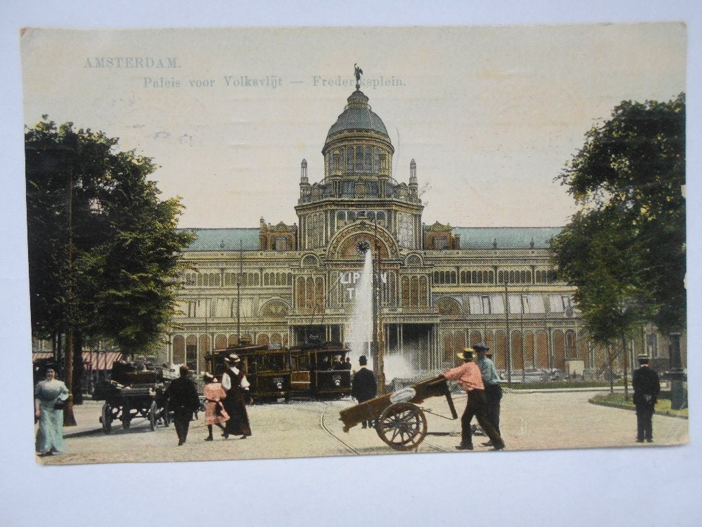 Amsterdam Paleis voor Volksvlijt - Frederiksplein veel volk, Ophalen of Verzenden, Voor 1920, Gelopen, Noord-Holland