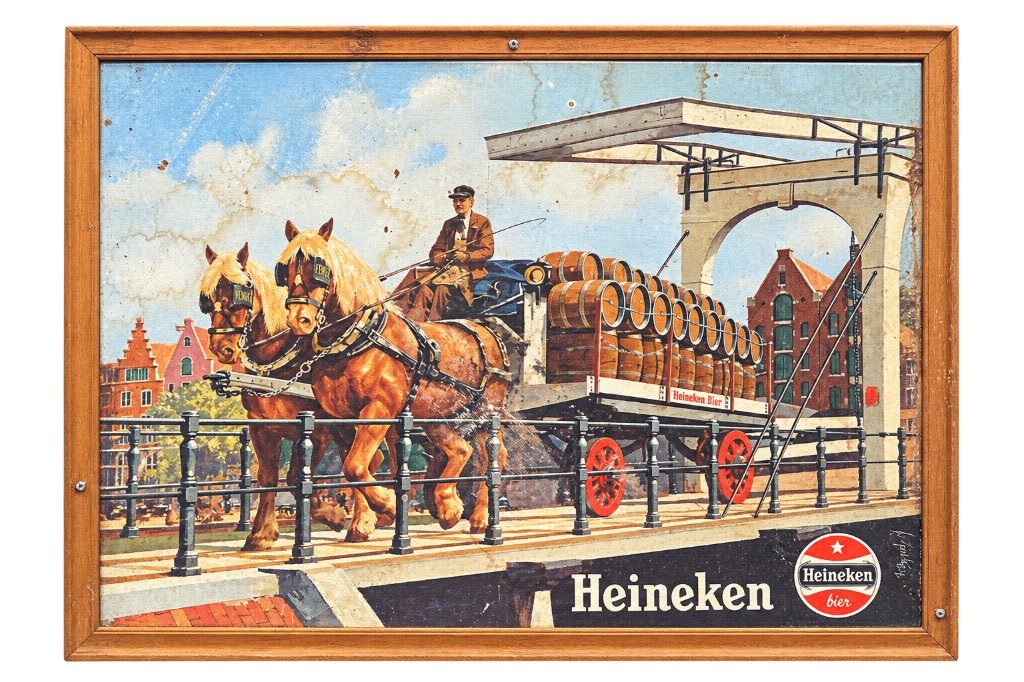 Vintage Heineken reclamebord in houten lijst, Verzamelen, Biermerken, Ophalen of Verzenden, Gebruikt, Reclamebord, Plaat of Schild