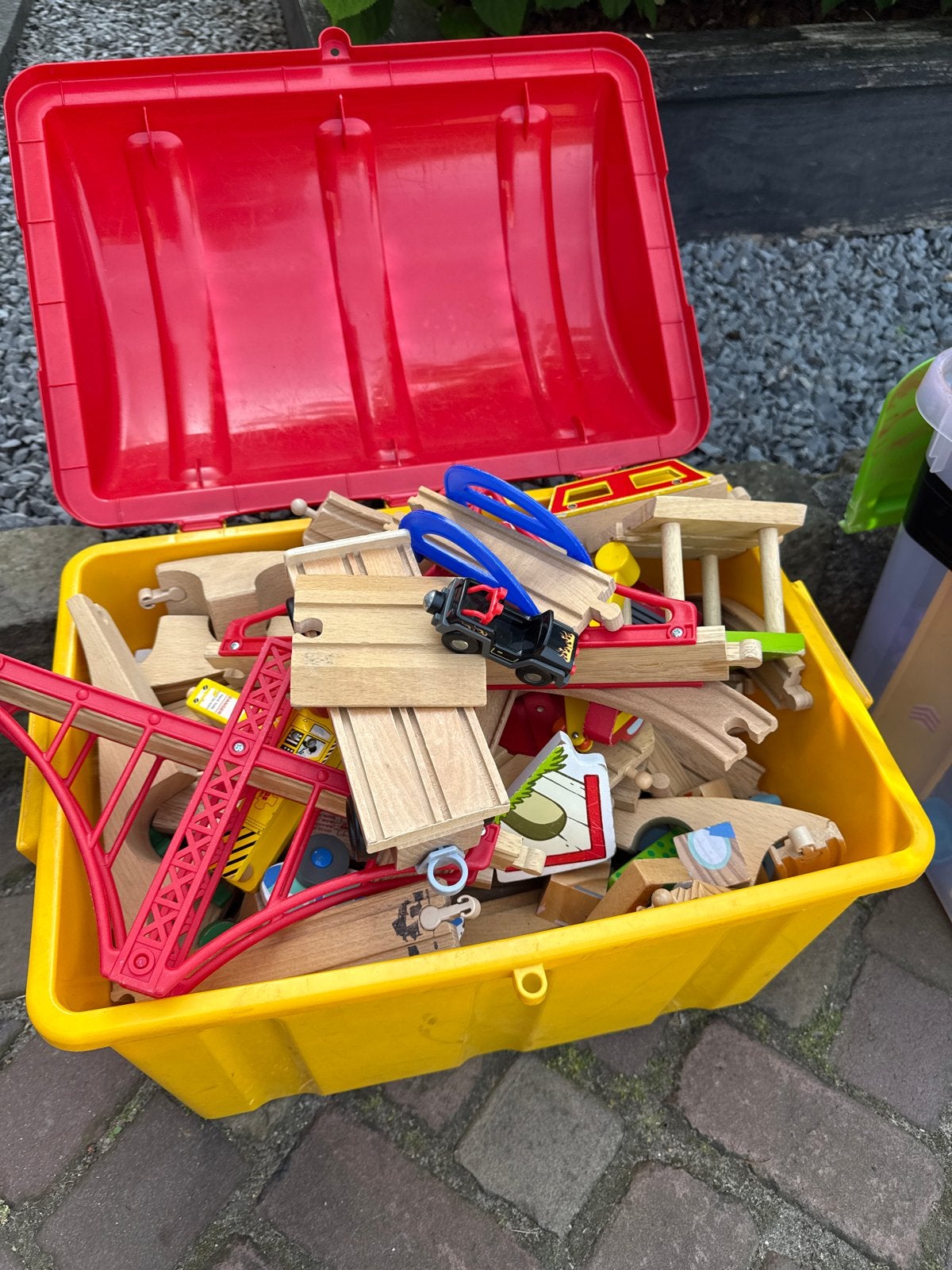 Grote Houten Treinbaan Set met Accessoires in Opbergbak, Ophalen of Verzenden, Gebruikt