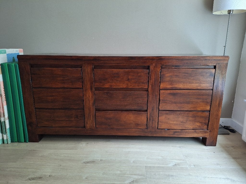 Dressoir DURHAM teak houten donkerbruin, Huis en Inrichting, Ophalen, Gebruikt, Met deur(en), 150 tot 200 cm