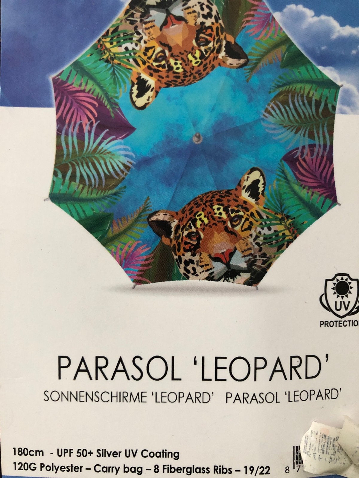 Parasol sterk fiberglas Luipaard+Zonnebloem 180cm UPF 50+, Ophalen, Nieuw, 1 tot 2 meter, Strandparasol