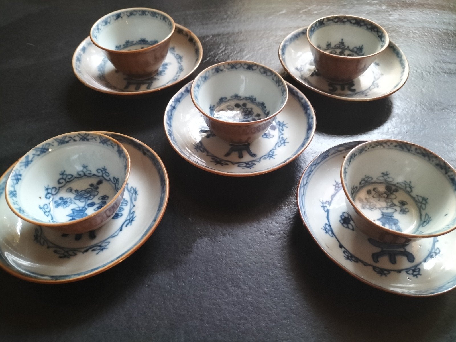 5 x theekop en schotel, Chinees porselein antiek capucijner, Ophalen