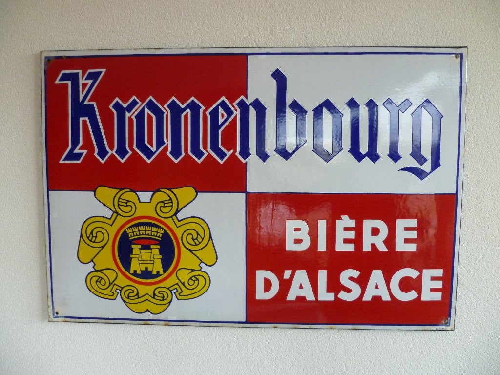 EMAILLE RECLAME BORD "KRONENBOURG BIERE D'ALSACE"JAREN 50, Ophalen of Verzenden, Gebruikt, Reclamebord