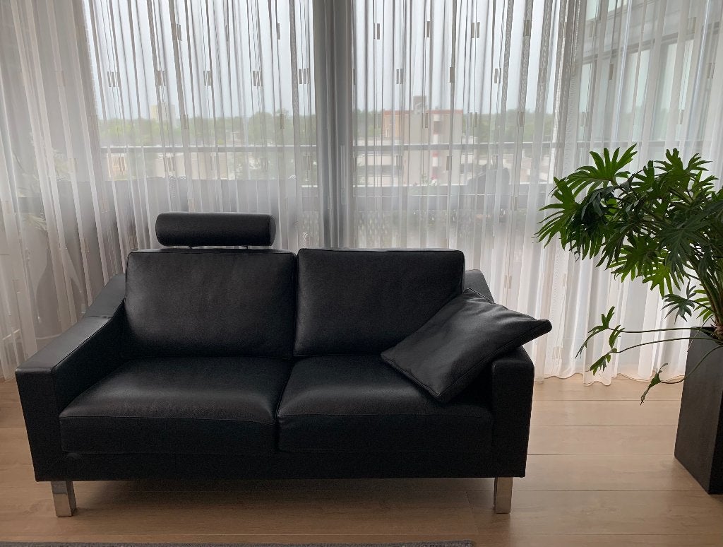Leolux zithoek; bank, fauteuil en poef, Ophalen, Gebruikt, Leer