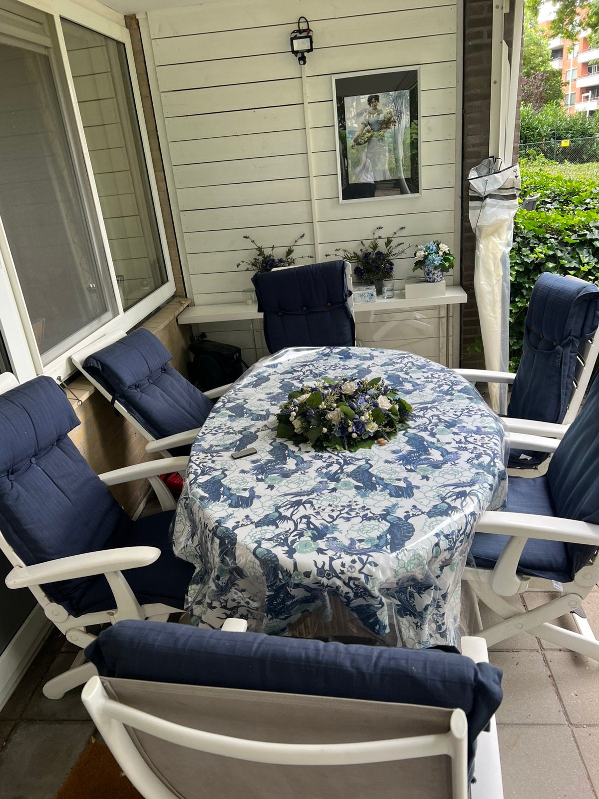 Tuinset met donkerblauwe kussens, Ophalen, Gebruikt