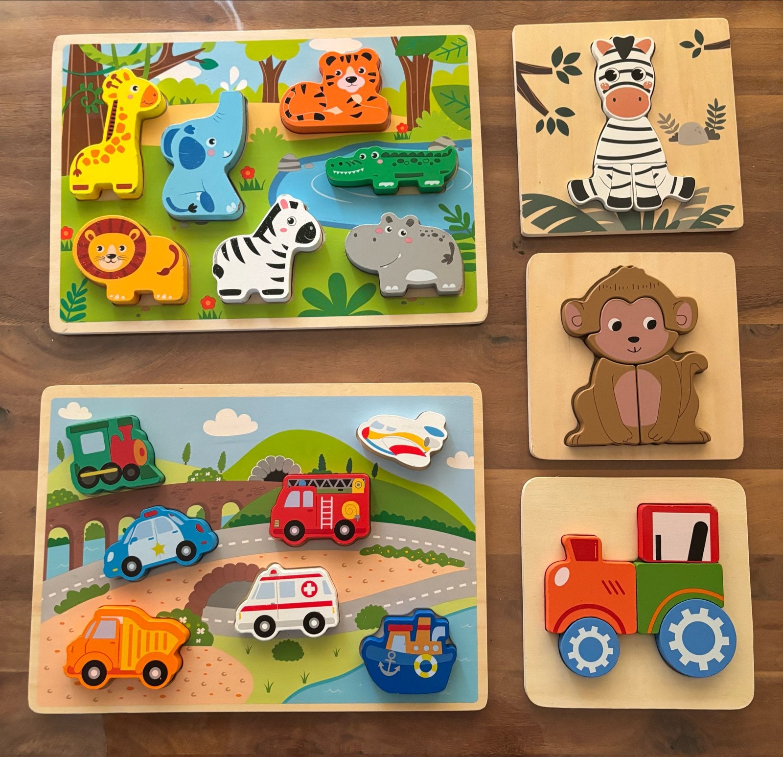 Houten Puzzels: Dieren en Voertuigen (5 stuks), Ophalen, 2 tot 4 jaar, Zo goed als nieuw, Van hout