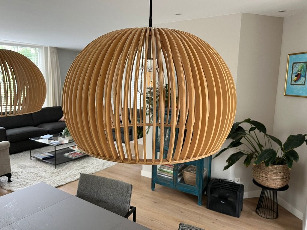 Mooie  blankhouten lamellen hanglampen, Huis en Inrichting, Lampen | Hanglampen, Gebruikt, Modern, Hout, E27 (groot)