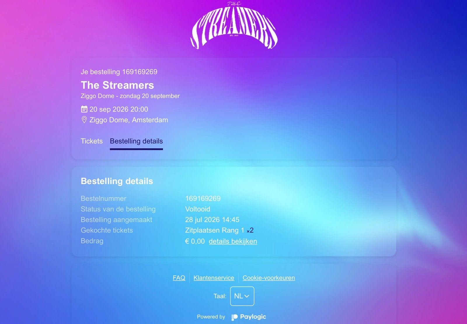 2 kaartjes :The Streamers - Ziggo Dome 20 sept. / 20.00 uur, Twee personen, September