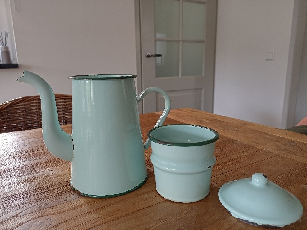 mooie mintgroene Franse emaille koffiepot, Antiek en Kunst, Ophalen of Verzenden