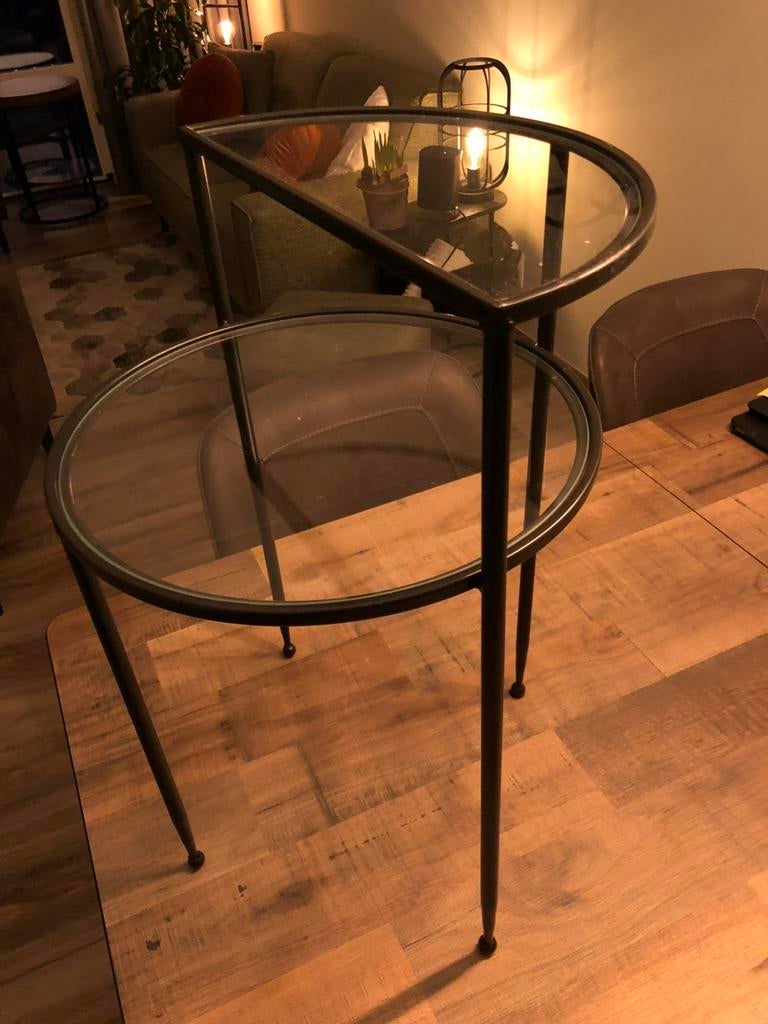 Te koop: glazen tafeltje met extra plateau, 45 tot 60 cm, Minder dan 55 cm, Rond, Ophalen of Verzenden