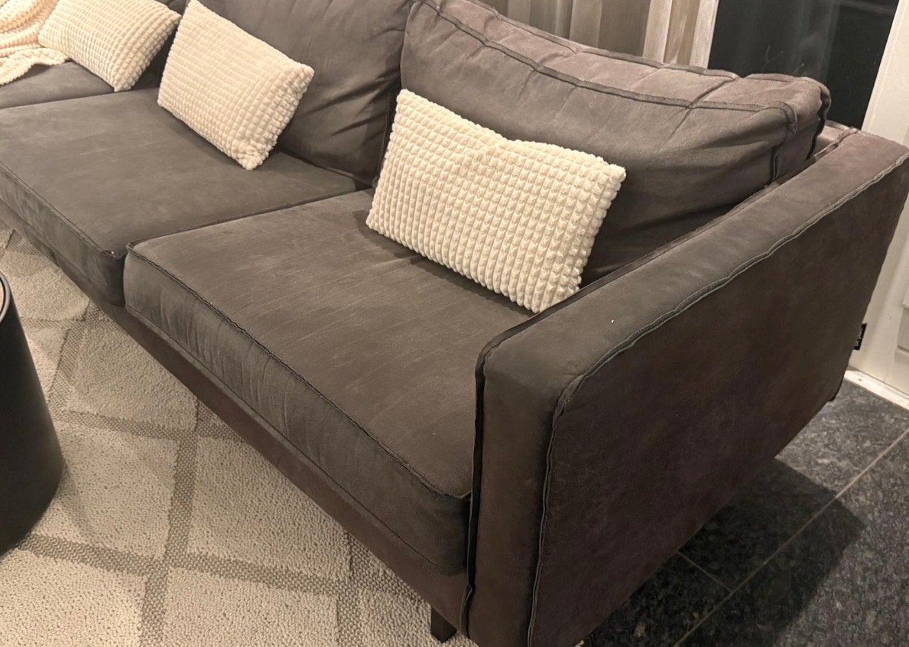 Comfortabele donkergrijze bank met fauteuil (3+1 zits), Huis en Inrichting, Gebruikt, Driepersoons, 75 tot 100 cm, Ophalen of Verzenden