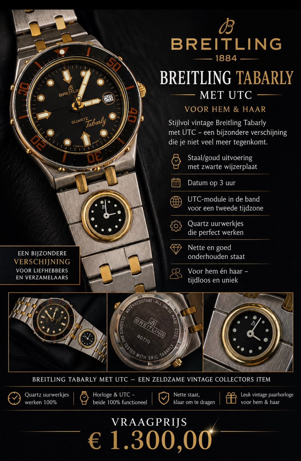 Breitling Tabarly met UTC – Staal/Goud – Quartz – Vintage, Ophalen of Verzenden, Gebruikt