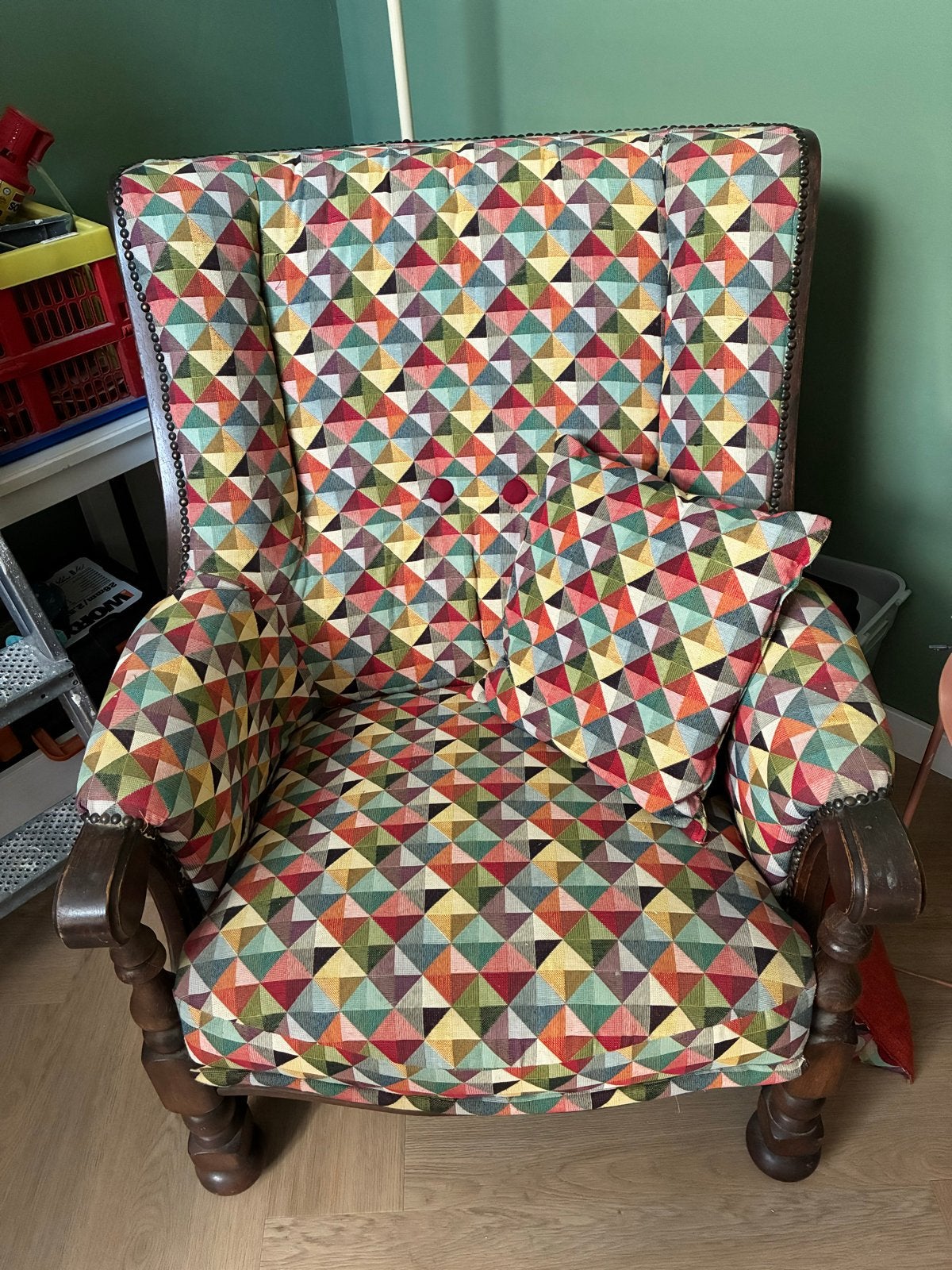 Unieke fauteuil met kleurrijke geometrische print, Ophalen, Gebruikt, Overige kleuren, Eén