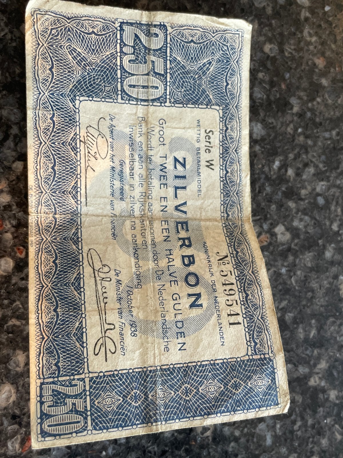 Zilverbon Groot Twee en een Halve Gulden 1938 Serie W, Postzegels en Munten, Ophalen of Verzenden, 2½ gulden, Los biljet