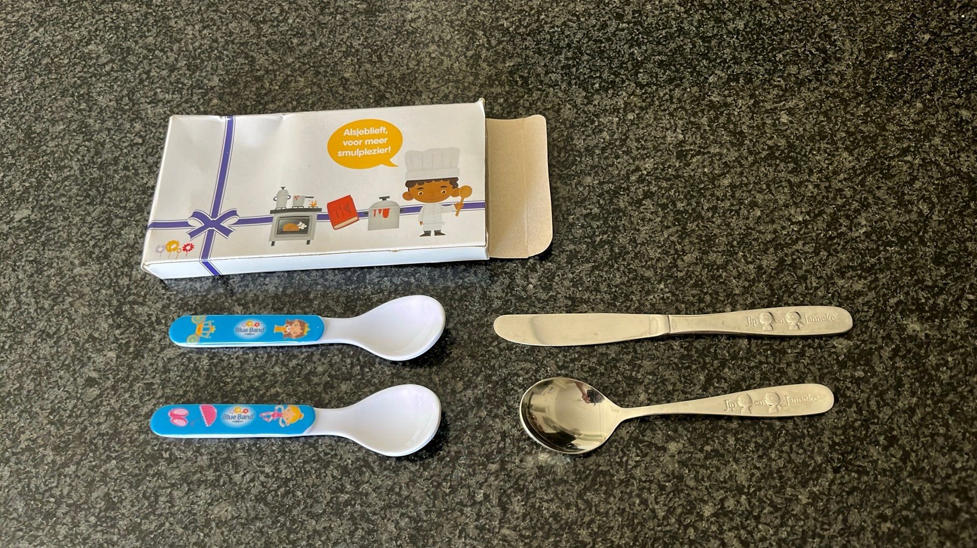 Nieuwe kinderbestekset Blue Band meisjes & Jip en Janneke, Verzenden, Zo goed als nieuw, Rvs of Chroom, Bestekset