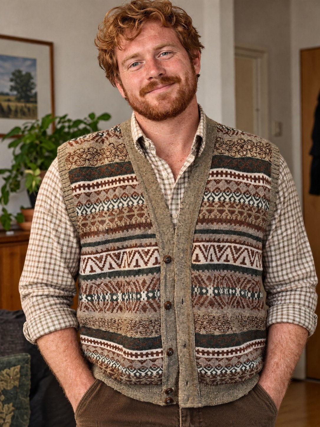 Vintage Woolmark lamswol vest/slipover, James Herriot stijl, Maat 52/54 (L), Woolmark, Gedragen, Meerkleurig