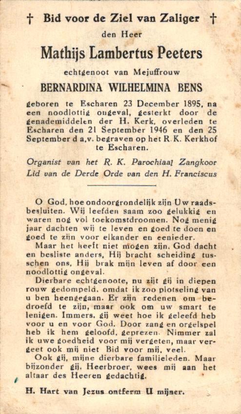 Peeters Mathijs Lambertus  1895-1946 Escharen, Ophalen of Verzenden
