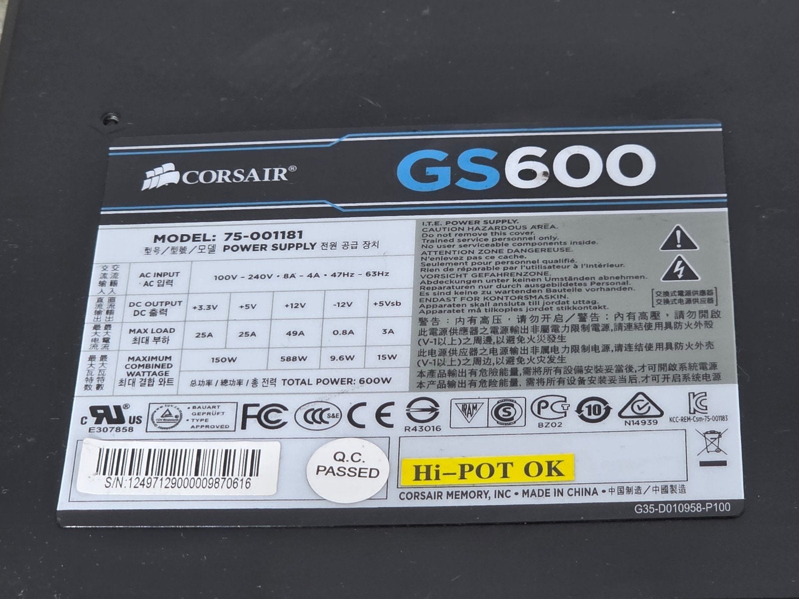 Corsair 600w max voeding psu power supply gs600  75-001181, Gebruikt, ., Ophalen of Verzenden, .