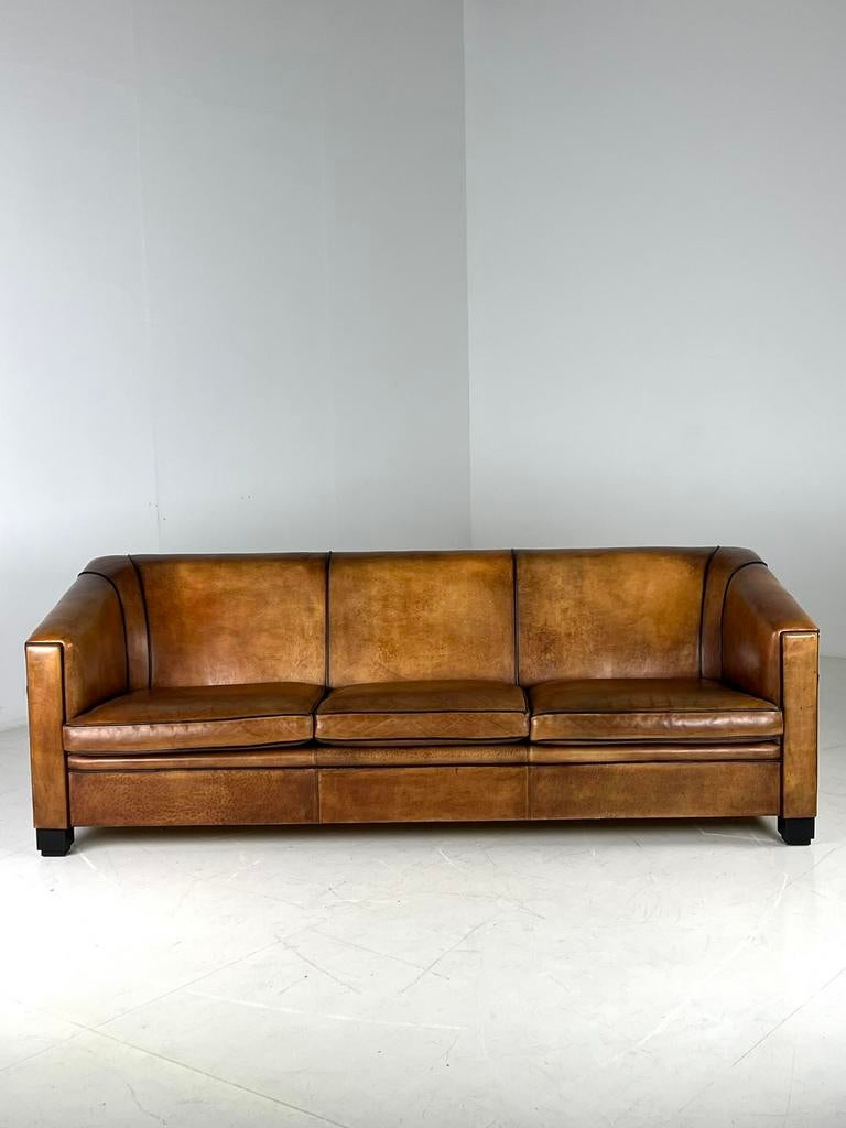 Schapenleren 3 zits bank klassiek Art Deco, Huis en Inrichting, Ophalen of Verzenden, Zo goed als nieuw, 75 tot 100 cm, 200 tot 250 cm