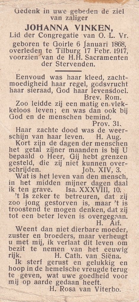 Vinken Johanna 1868 Goirle  1917 Tilburg, Ophalen of Verzenden