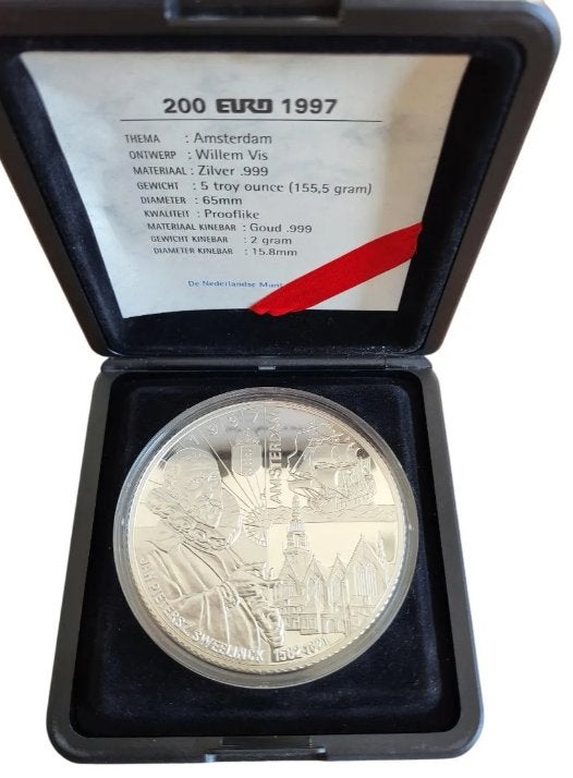Nederland Zilveren 200 Euromunt 1997 met Gouden Kinebar, Ophalen of Verzenden, Zilver