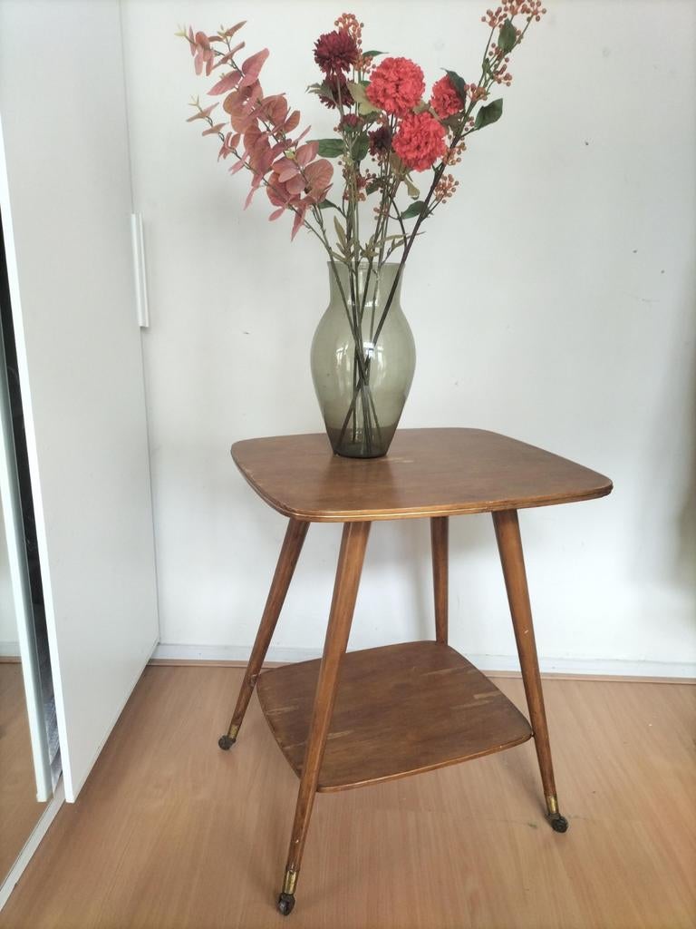 Vintage mid century teakhouten bijzettafel, Ophalen, Minder dan 55 cm, Gebruikt, Vierkant
