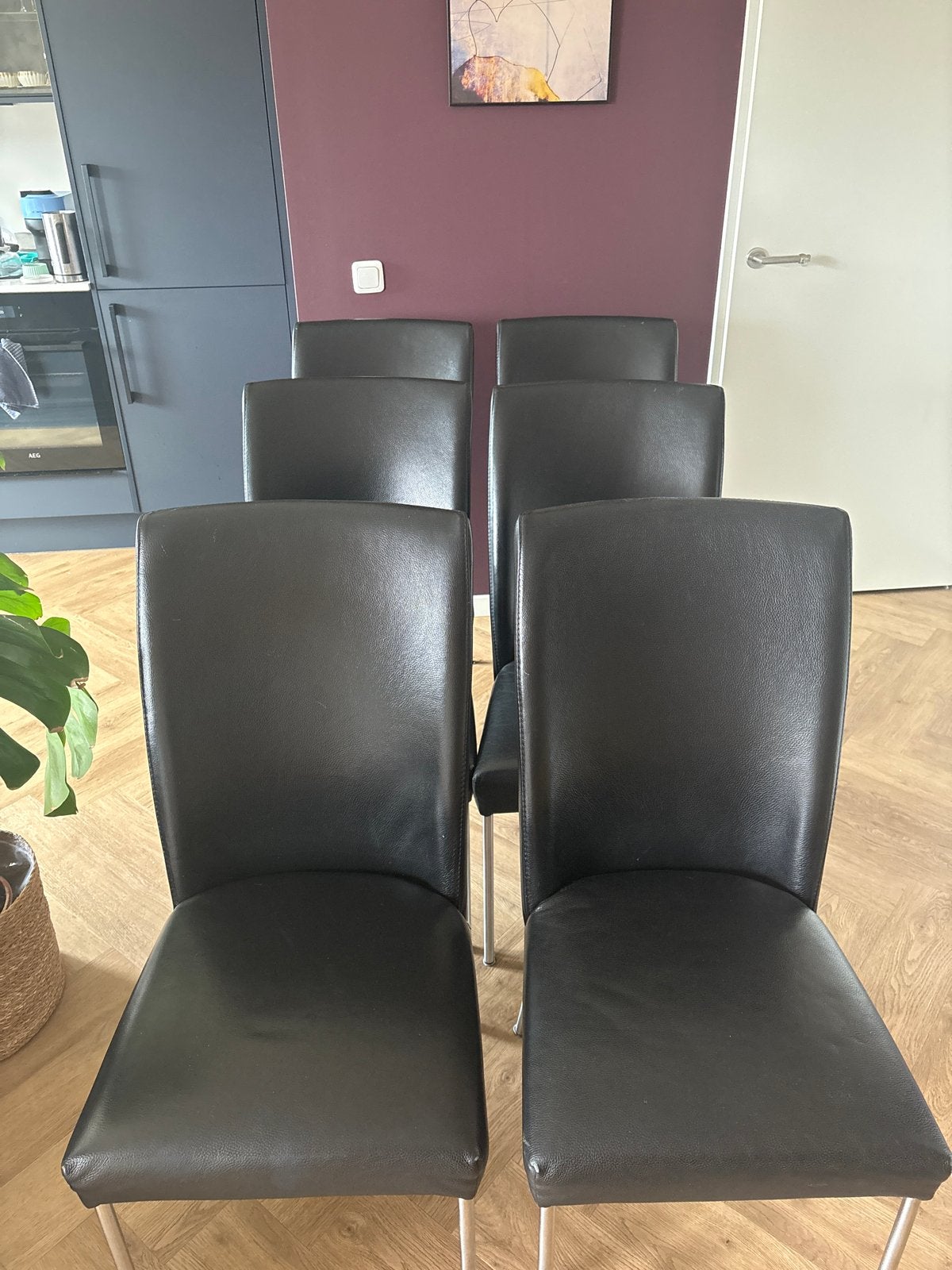 6x Zwarte eetkamerstoelen van Bert Plantagie, Huis en Inrichting, Stoelen, Ophalen, Gebruikt, Zwart, Leer
