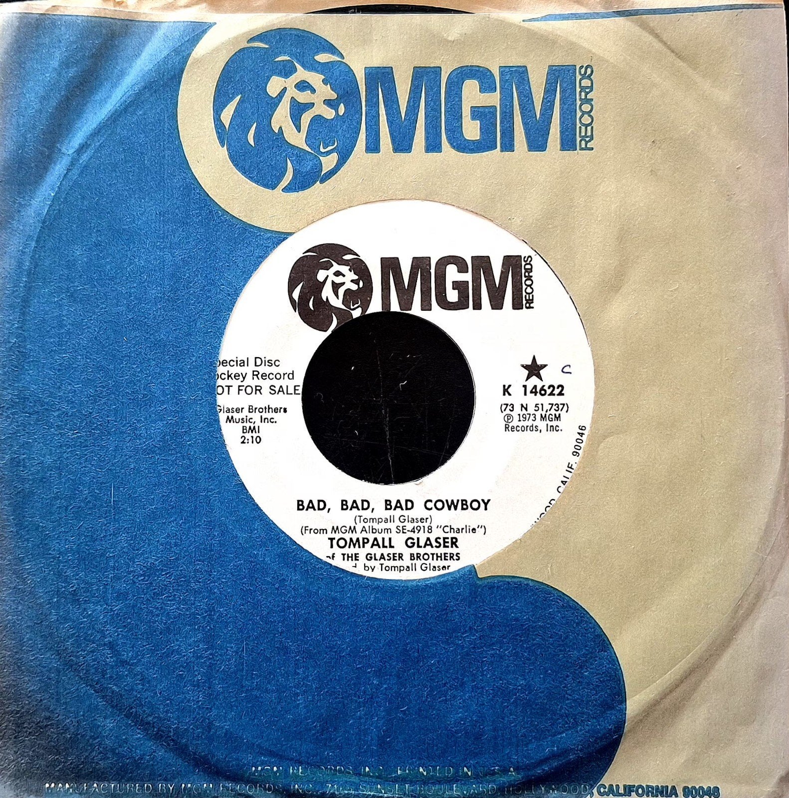 7"/SINGLE  TOMPALL & THE GLASER BROTHERS - Bad Bad Cowboy, Ophalen of Verzenden, Gebruikt, Pop