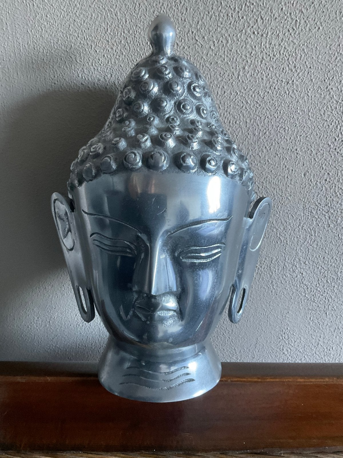 Boeddha hoofd zilverkleurig metaal - decoratief beeld, Ophalen of Verzenden, Zo goed als nieuw, Metaal, Zilver