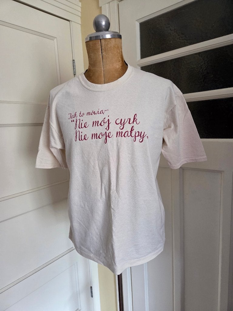 Pools t-shirt Nie mój cyrk nie moje małpy, Ophalen, Gedragen, Maat 48/50 (M), Beige