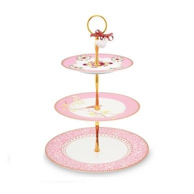 Pip Studio etagere 3-laags, roze met bloemen en vogel, Ophalen, Zo goed als nieuw, Modern, Porselein