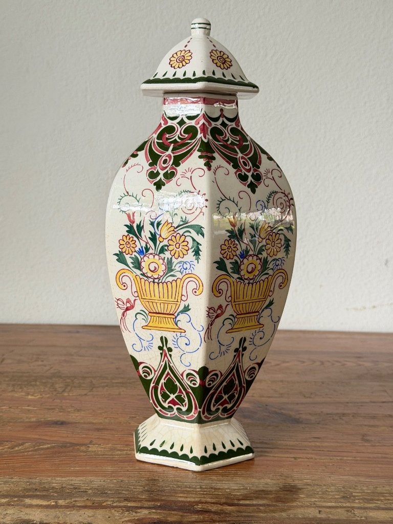 Dekselvaas - Delfts Polychroom aardewerk - decor bloemen, Ophalen of Verzenden