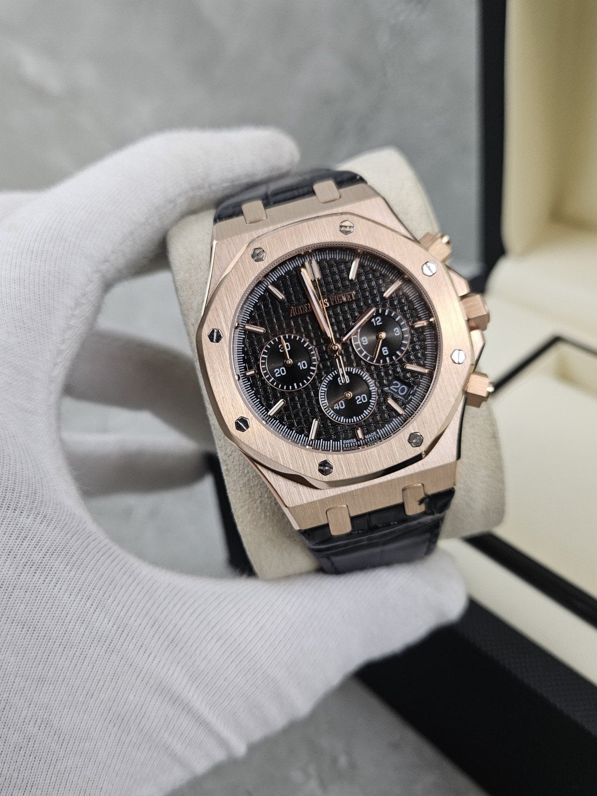 Audemars Piquet Rose gold heren horloge, Overige merken, Leer, Staal, Verzenden