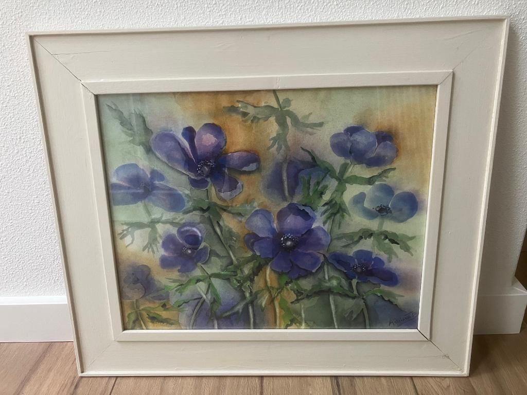 Aquarel van Anemonen in houten lijst, Antiek en Kunst, Ophalen