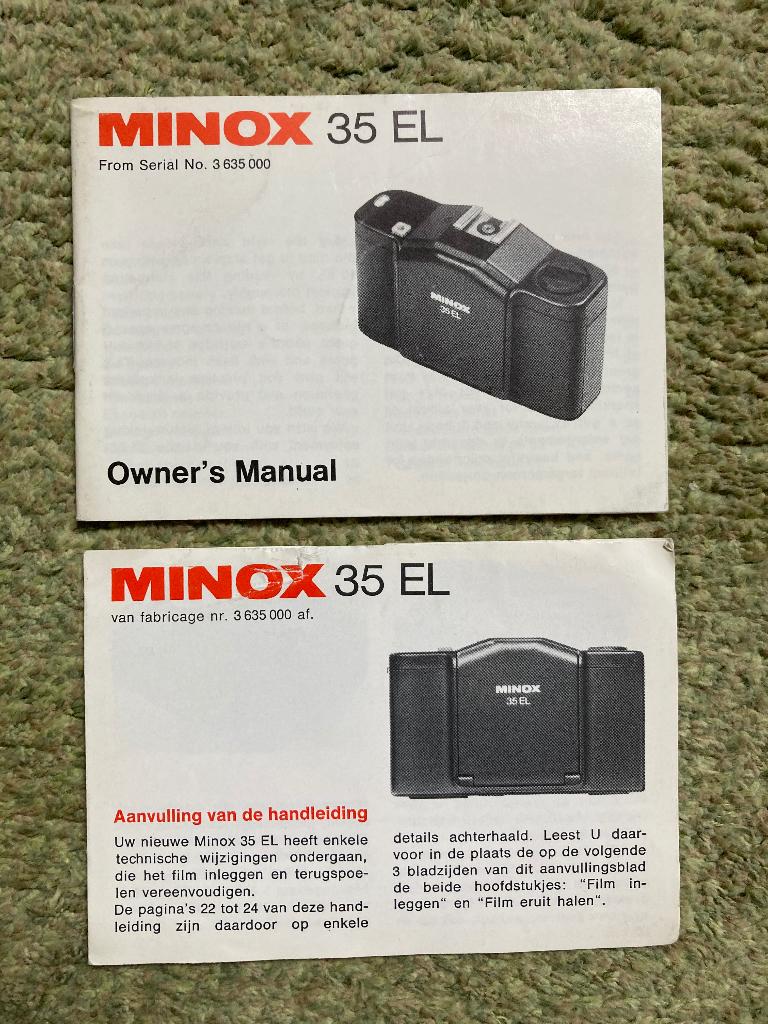 Minox 35EL handleiding (Eng-Duits) incl aanvulling (NL) 1977, Ophalen of Verzenden, 1960 tot 1980, Fototoestel