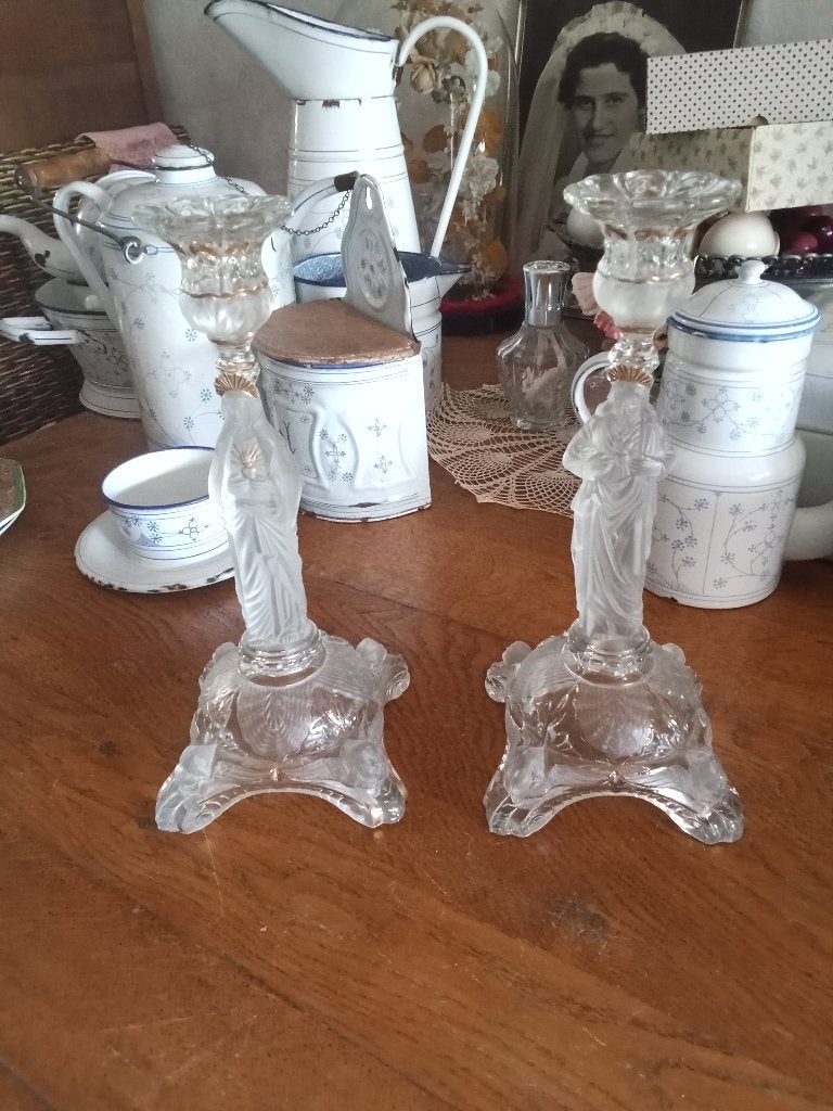 te koop set kandelaars maria en jezus heilighart goud deco, Antiek en Kunst, Antiek | Religie, Ophalen of Verzenden