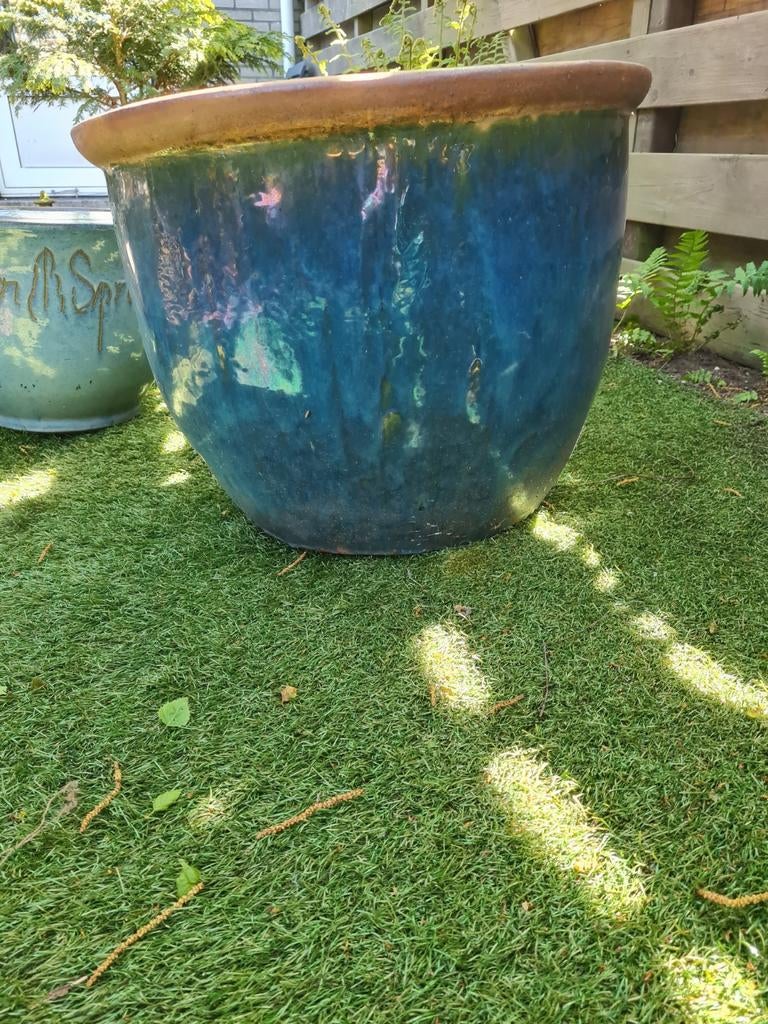 Geglazuurde bloempotten 1 groot                      2 klein, Tuin en Terras, Bloempotten, Ophalen, 40 cm of meer, Rond, Aardewerk