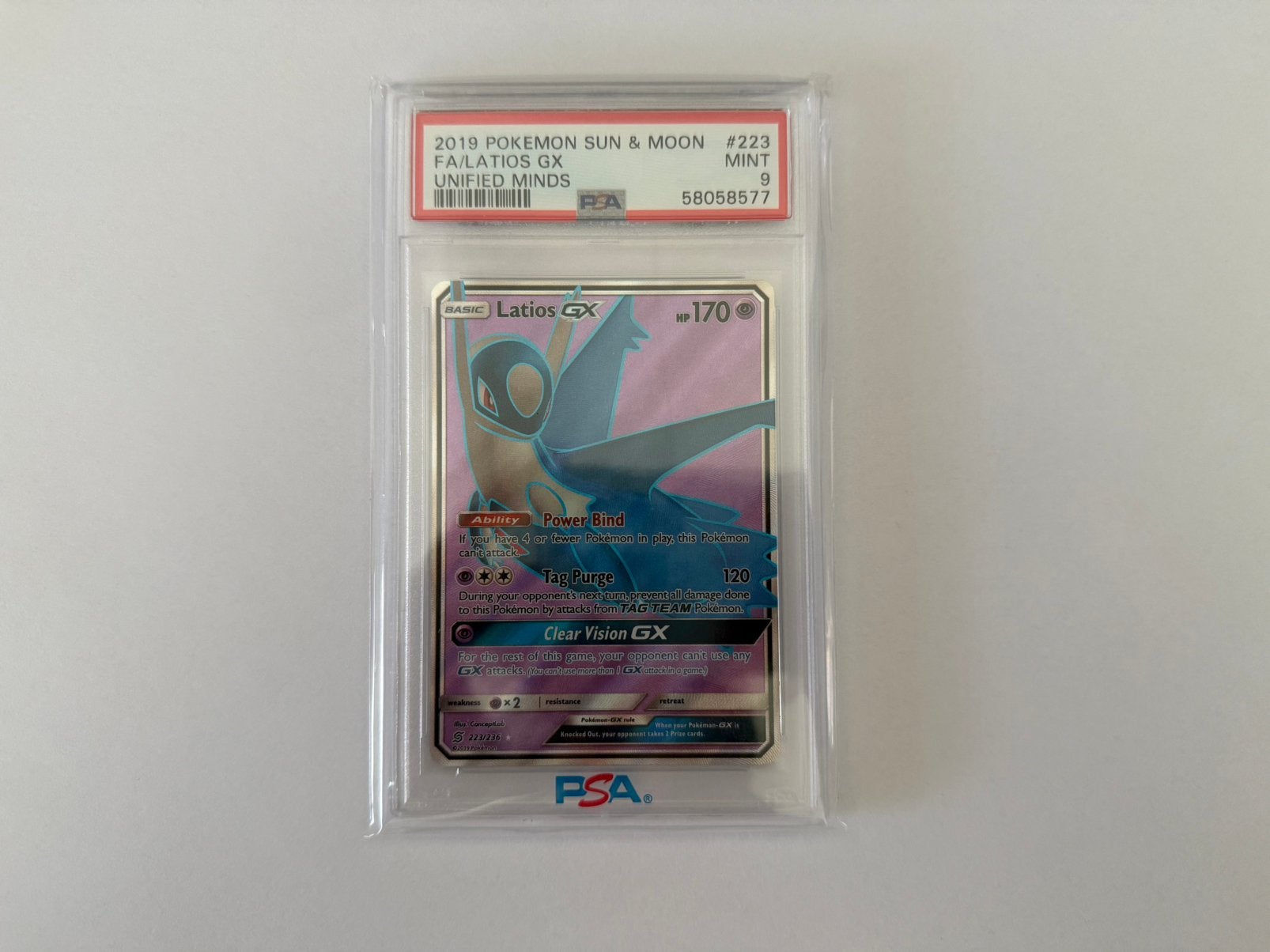 Pokémon Latios GX 223 [Unified Minds] PSA 9, Ophalen of Verzenden, Zo goed als nieuw