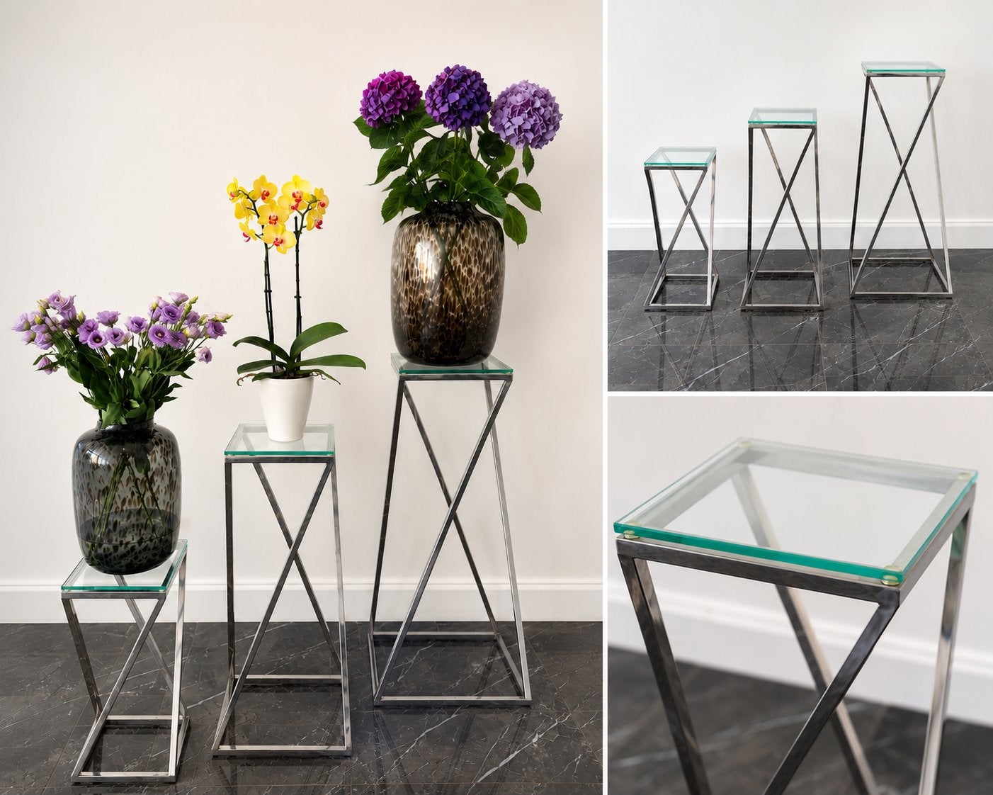 Luxe glazen zuilen set van 3 | Hotel Chique | RVS | Glas, Minder dan 55 cm, Metaal of Aluminium, Vierkant, Zo goed als nieuw