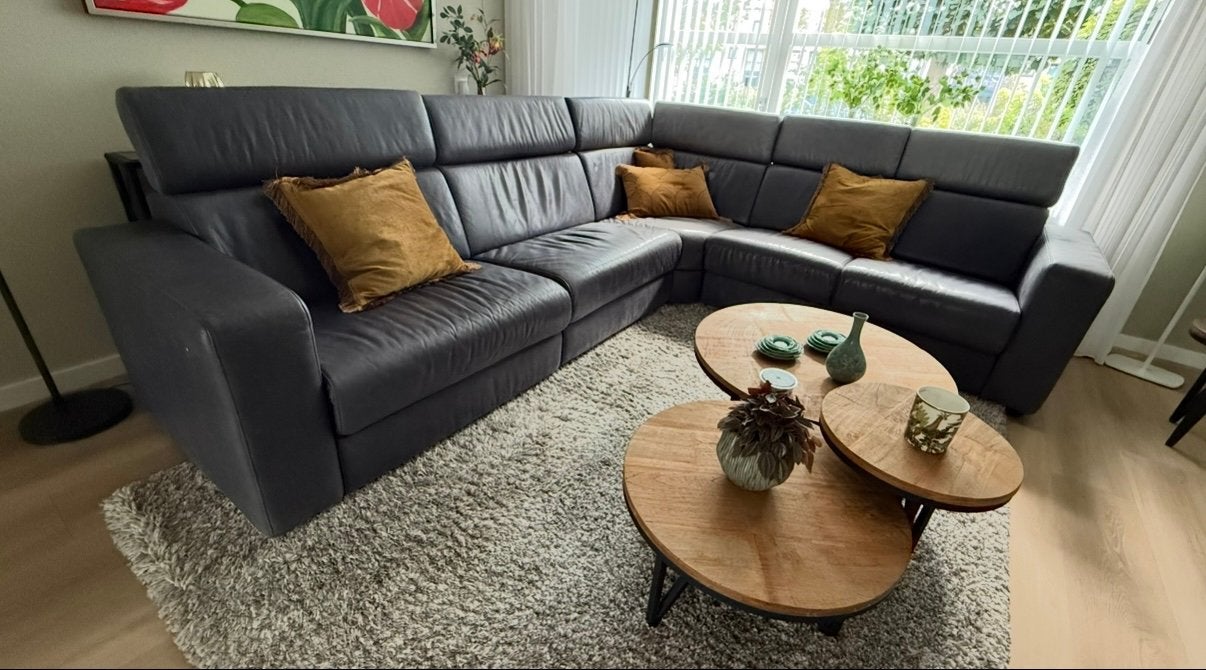 Luxe leren hoekbank blauw ‘Zen/relaxstand/hoofdsteun, Ophalen, Gebruikt, Leer